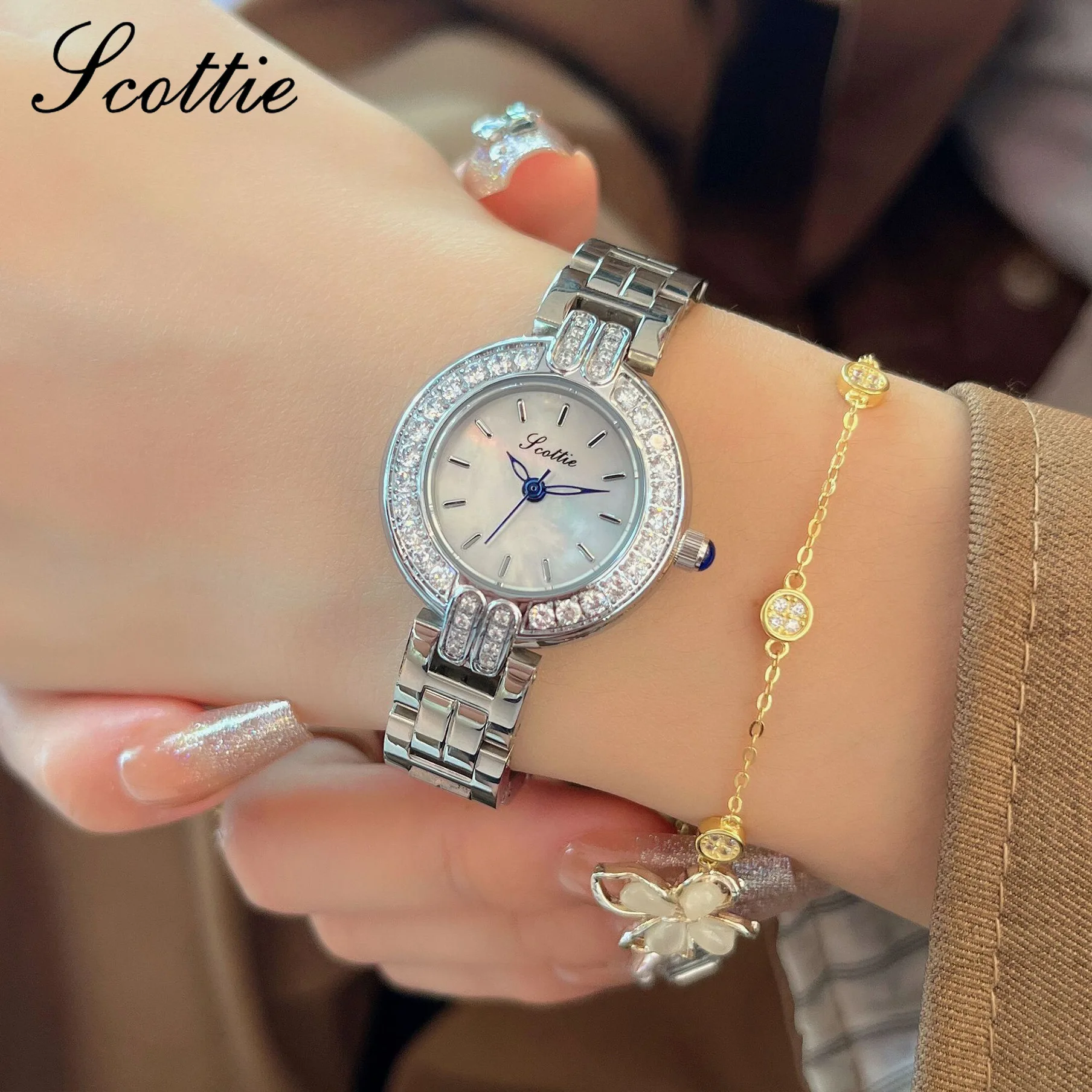 Scottie Women Quartz Watch Luxury Diamond Classic Roman Numerals Gold Stainless Steel Band Orologio Watches Ladies Wristwatch