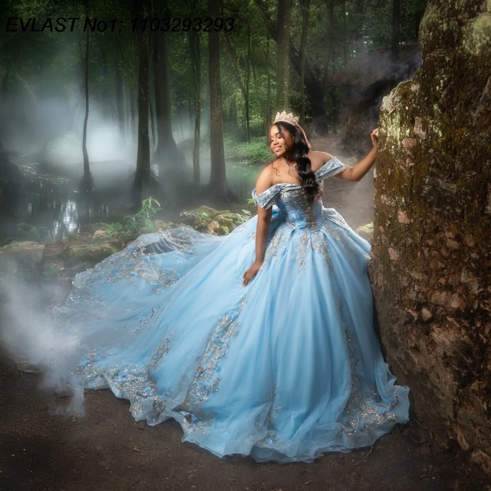 

EVLAST блестящее небесно-голубое платье Quinceanera по индивидуальному заказу, бальное платье, серебряное кружевное платье с аппликацией и бисером, Sweet 16, Vestidos De 15 Anos E1QN449