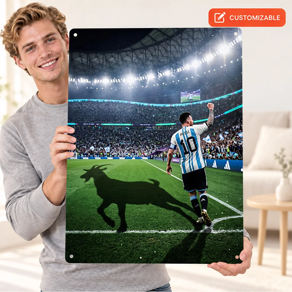 Lionel Messi With Lion Shadow Football Textured Metal Poster Personalized Metal Sign Digital Illustration Wall Art For Man Cave