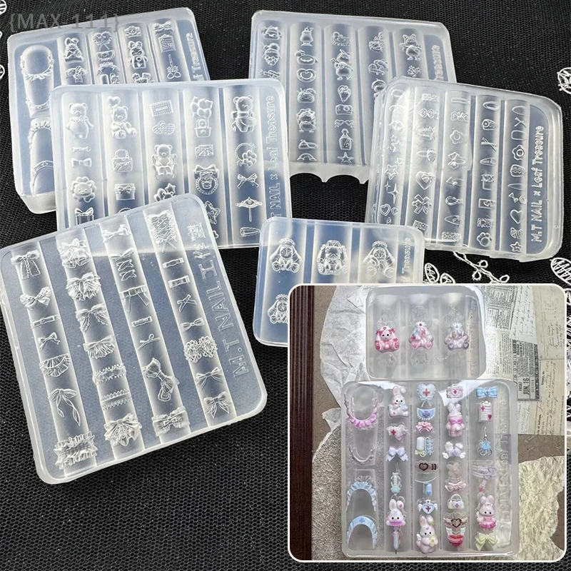 Moule de sculpture en Silicone pour Nail Art 3D, ours, lapin et nœud papillon en Relief, pochoirs d'estampage pour vernis Gel UV pour breloques d'ongles à faire soi-même