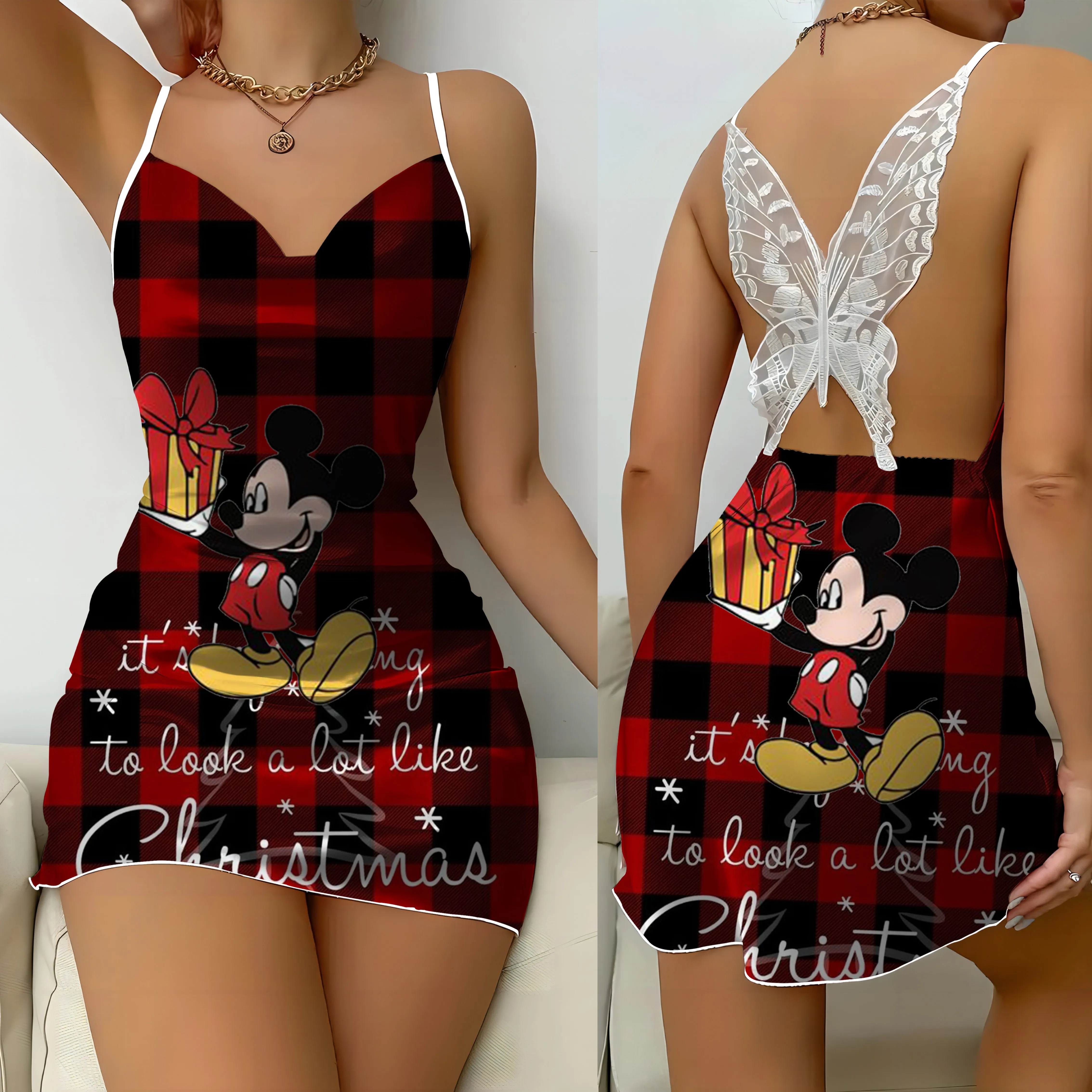 Lace Dress Christmas Party Dresses Mickey Minnie Mouse Disney Pajama Skirt Bow Knot Satin Surface Womens Mini Sexy Backless Home