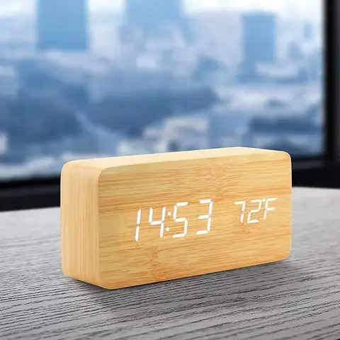 Despertador digital de madeira LED Relógio de mesa com temperatura para decorações de mesa de escritório de quarto