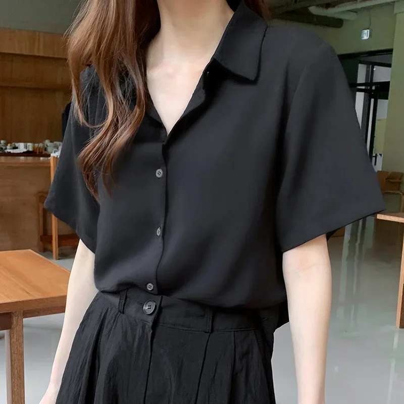 Women\'S New Korean Chiffon Fashion Cardigan Top Female Summer Loose Thin Trend Slim Versatile Short Sleeve Lapel Neck Shirt