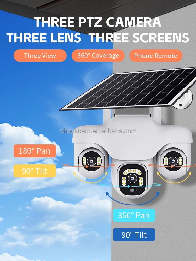 ShooCam CCTV Two Way Audio Waterproof Remote Control 3 Lens V380 PRO WIFI/4G Solar Power PTZ IP Camera Security