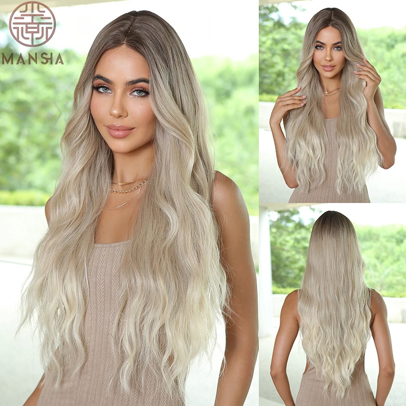 European and American style middle-parted gradient platinum long wavy curly hair women's everyday natural full-head wig