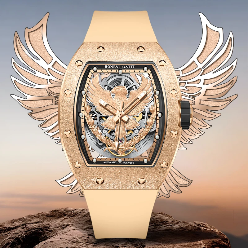 Bonest Gatti New Eagle Watch هيكل من الفولاذ المقاوم للصدأ وحزام مطاطي ساعة ميكانيكية فاخرة للرجال