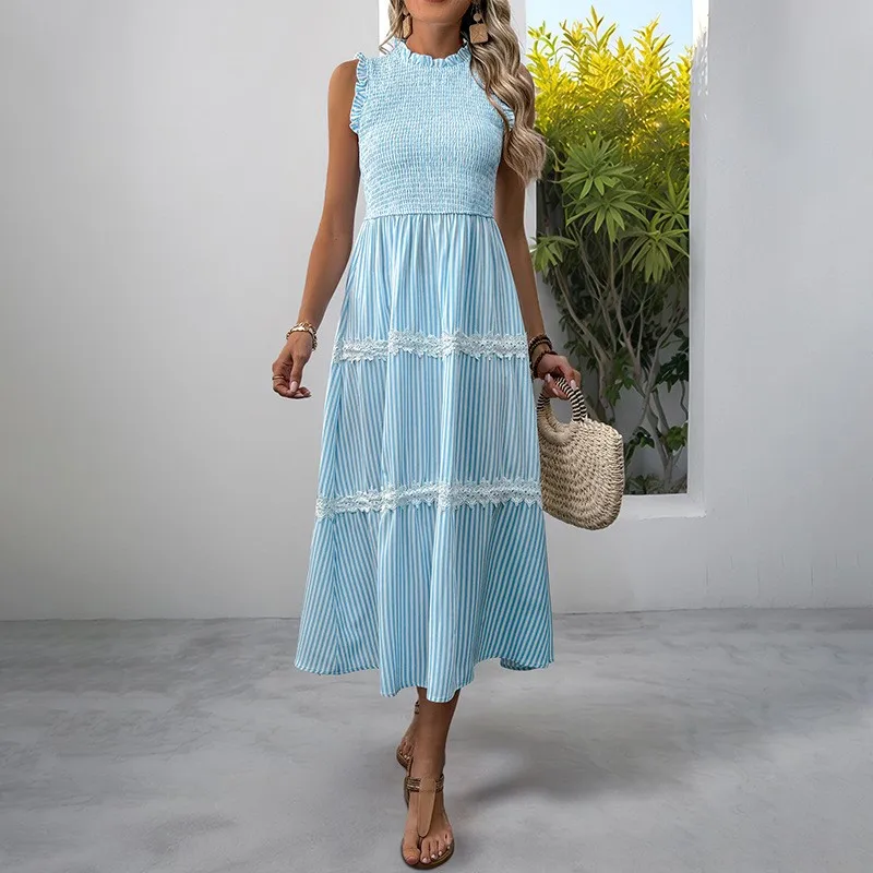 

Elegant Striped Printed Women's Dress Bohemian Fashion Lace Design Sleeveless Midi Dresses Lady Foreign Style Vacation Vestidos