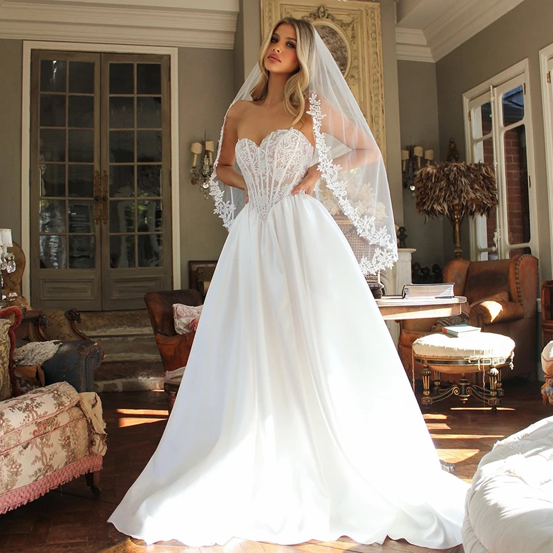 

Eightree Boho A-Line Wedding Dresses Sweetheart Appliques Lace Satin Bridal Dress Formal Long Wedding Ball Prom Gowns Customized