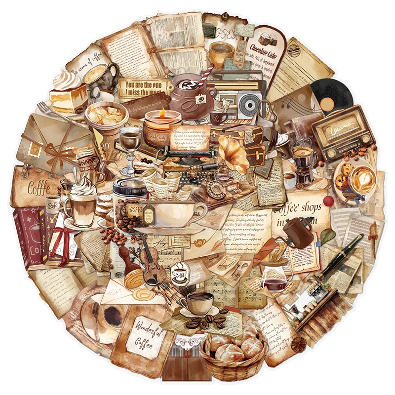 50PCSVintage Coffee Theme Stickers PET Transparent DIY Decoration Cute Cafe Sticker for Laptop Planners Scrapbook Suitcase Diary
