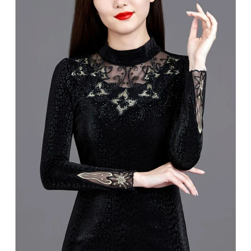 2023 New Autumn and Winter Fashion Western Style Half High Neck with Diamonds Long Sleeve Temperament Commuter Lace Women's Top