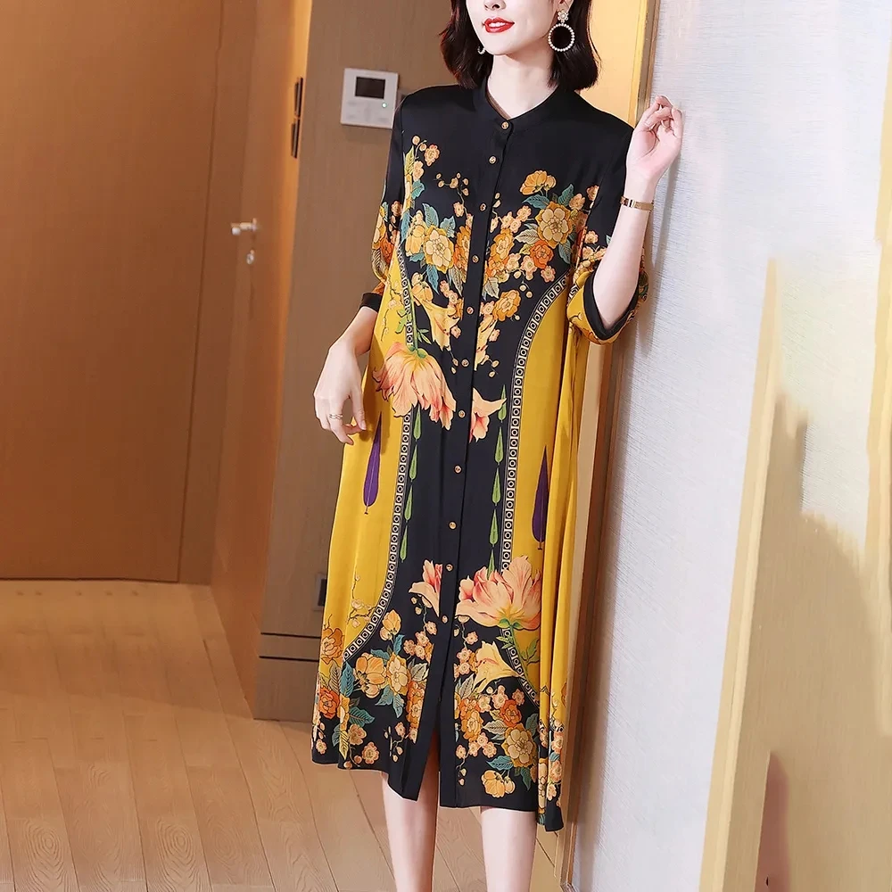 Temperament Silk Dress 2024 Spring Summer New Loose Large Size Long Dresses Women High End Fashion Printed Maxi Dress Vestidos