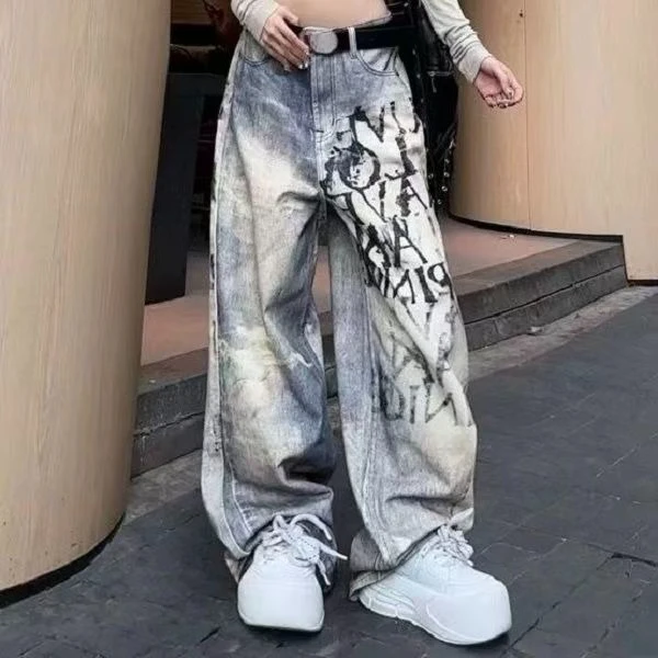 

2025 Эстетические свободные джинсы High Street Y2k, джинсовые брюки полной длины с карманами и принтом, винтажные брюки на молнии и пуговицах, стильные брюки со средней талией