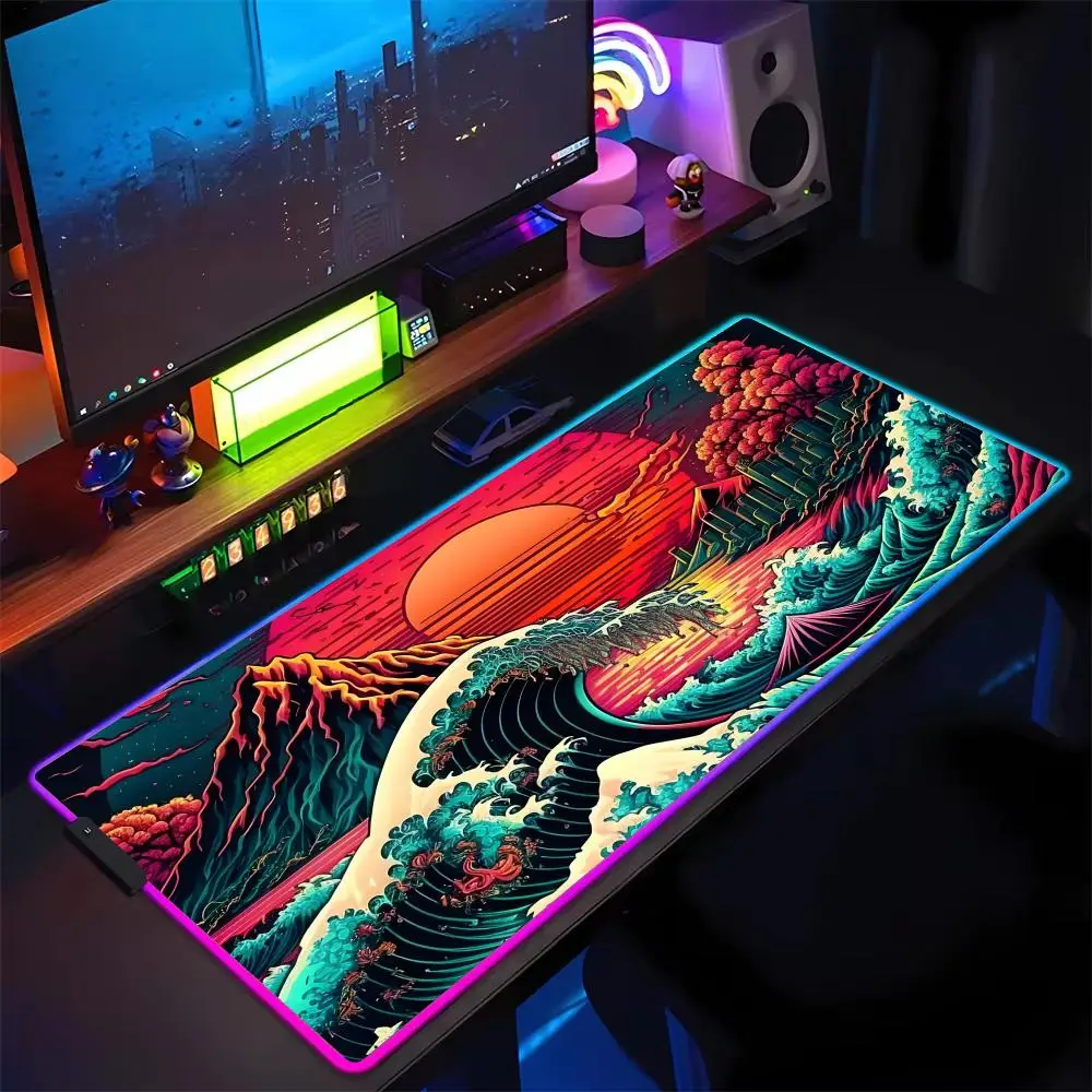 Alfombrilla de ratón RGB con colores de onda japonesa, pintura al óleo, alfombrilla LED brillante para juegos, alfombrilla de escritorio antideslizante de goma, accesorios para juegos, alfombrilla para teclado y ratón