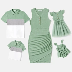 PatPat Family Matching Button Half Placket Ruched Tank Dresses and Colorblock Polo Neck T-shirts Sets