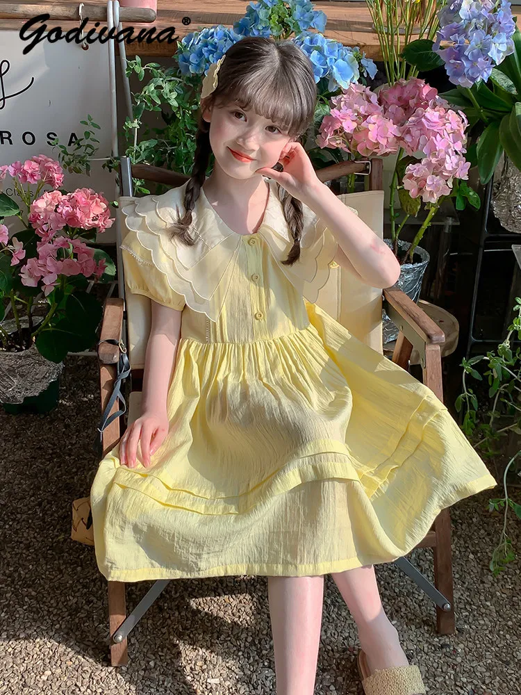 Sweet Girls Summer 2026 New Fashion Dresses Kids Yellow Doll Collar High Waist Puff Sleeve Loose Soft Maxi Princess Casual Dress