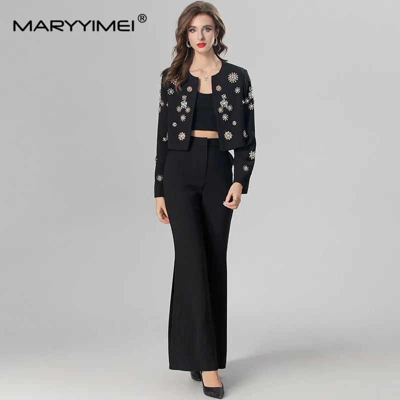 MARYYIMEI Fashion Autumn and Winter Women's Suit Long-Sleeved Crystal Cardigan jacket Tops+Side Split Flare Pants 2 piece set