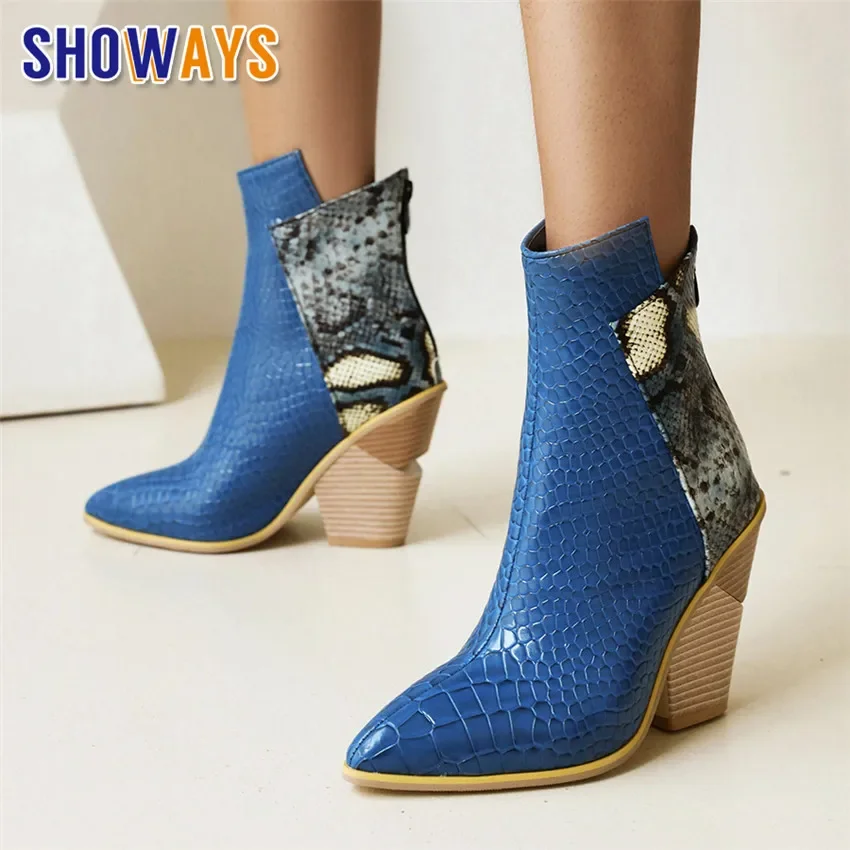 Brown Blue Cowboy Ankle Boots Women Western High Wedge Heels Light Dress Ladies Winter PU Leather Pointed Toe Zipper Short Botas