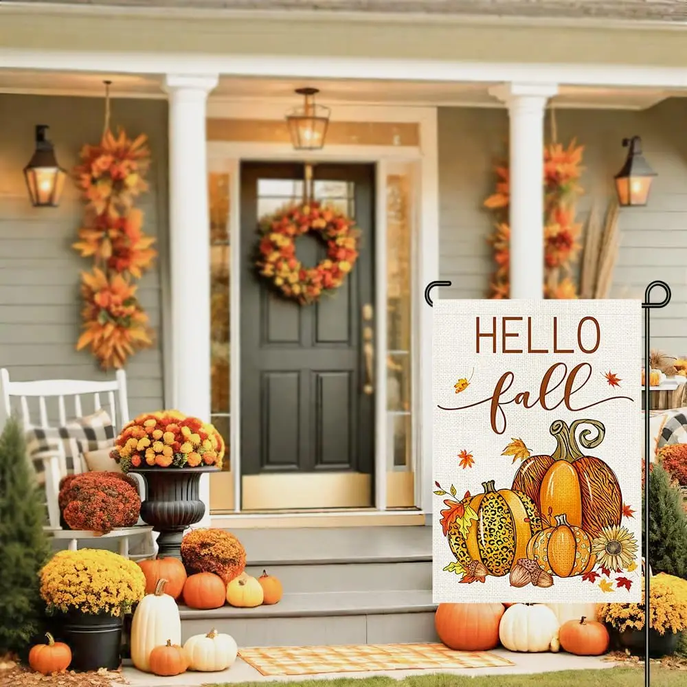Hello Fall Garden Flags for Outside 12x18 Inch Double Sided Burlap, Pumpkins Sign Autumn Small Flag Farmhouse Holiday Yard L UUN