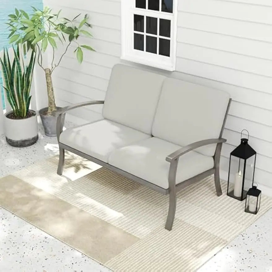 Patio Loveseat Sofa, Outdoor Furniture Sofa with 2 Seats, All Weather Aluminum Frame and Deep Seat with Thick Cushions