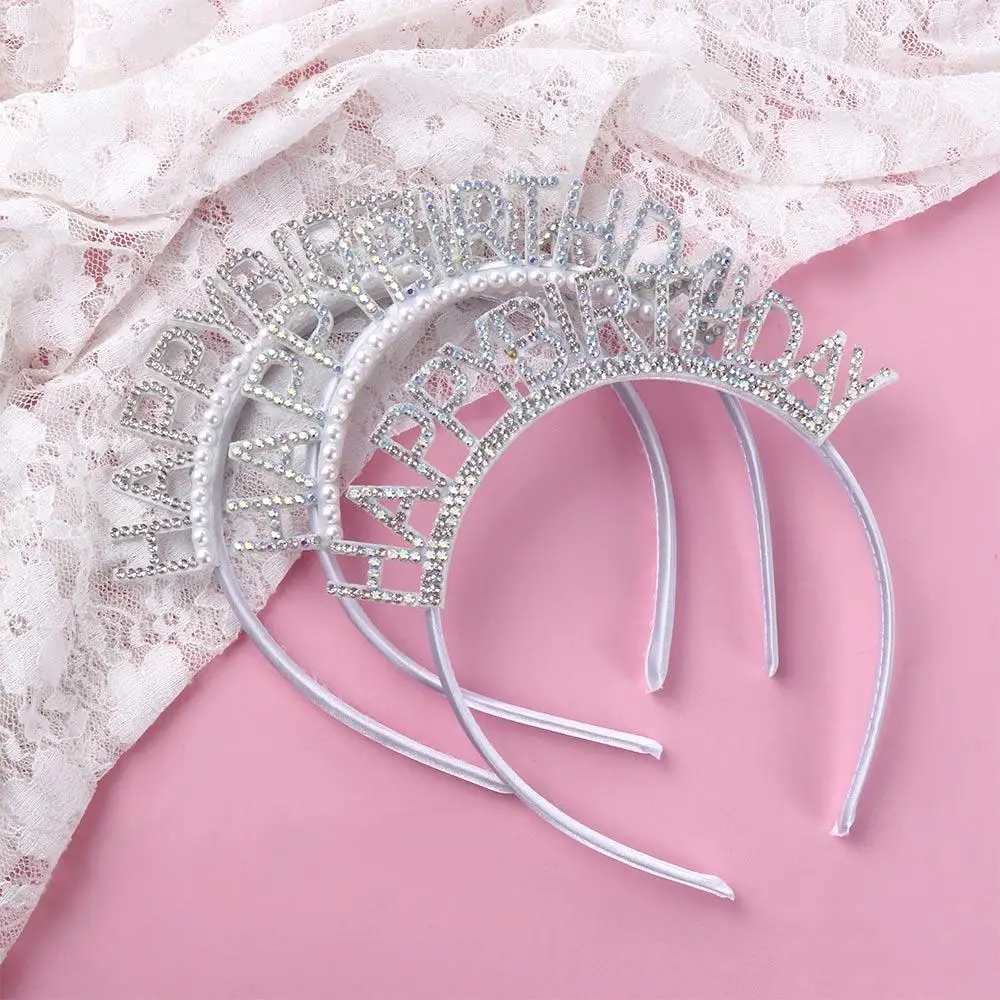 

Exquisite Sweet Pearl Alloy Letter Queen Rhinestone Crown Happy Birthday Headband Female Jewelry Birthday Hair Hoop