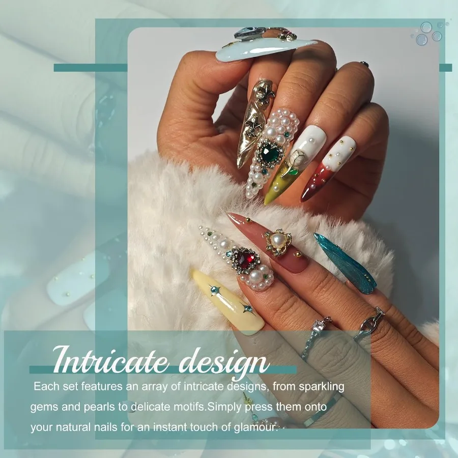 Prensa hecha a mano en uñas Stiletto punta francesa largo Diamante de imitación perla diseño 3D uñas postizas para mujeres Kit de uñas reutilizable con palo ingenio