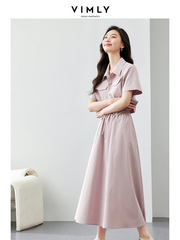 VIMLY Women Workwear Shirt Suit Skirt 2024 Summer Two Piece Set Casual Loose Turndown Collar Shirt+ Tie At Waist Skirt 16659