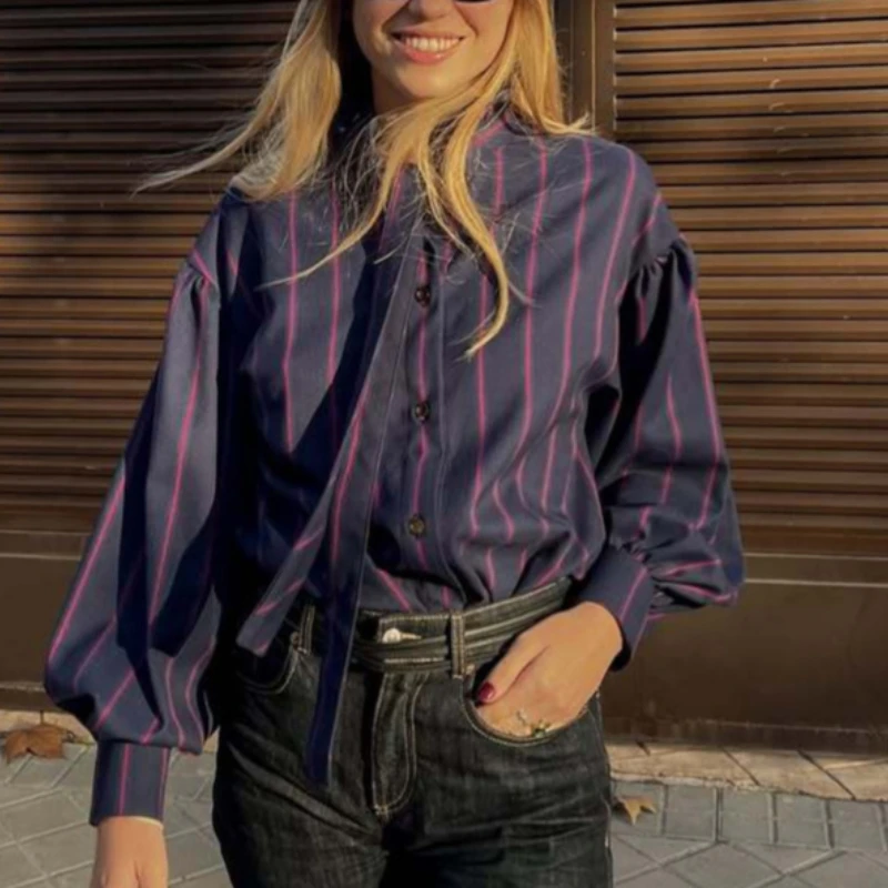

2025 Temperament Purple Casual Striped Shirt Fashion Bow Lantern Sleeve Top