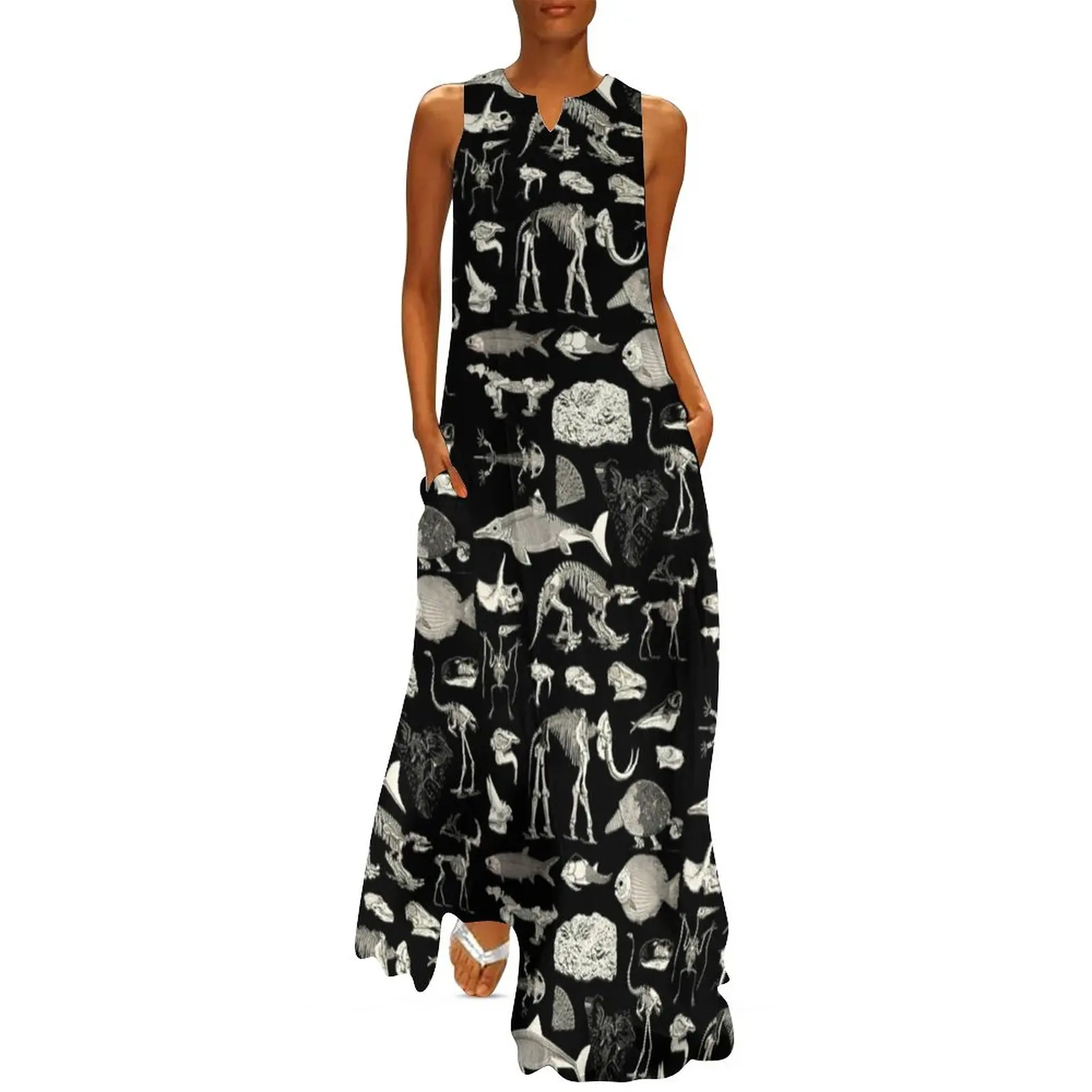 Various Skeletons Dress Paleontology Print Cute Maxi Dress Street Wear Casual Long Dresses Women Sleeveless Vestido Big Size 4XL