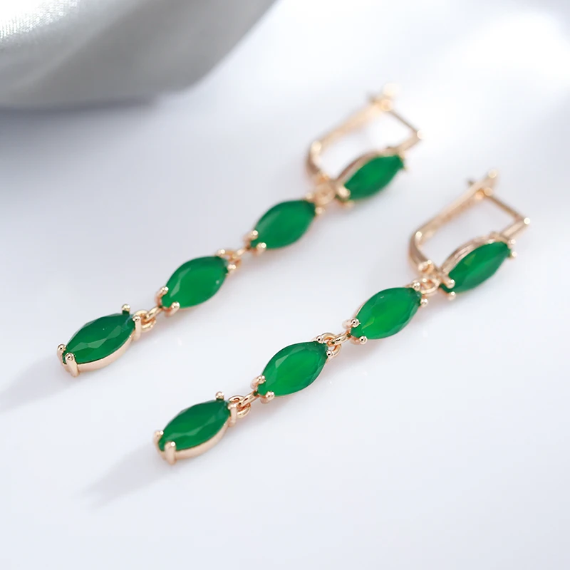 Luxury Emerald Green Zircon Long Tassel Dangle Earrings Ring Set For Woman 585 Rose Gold Fashion Jewelry Party Wedding Set Gift