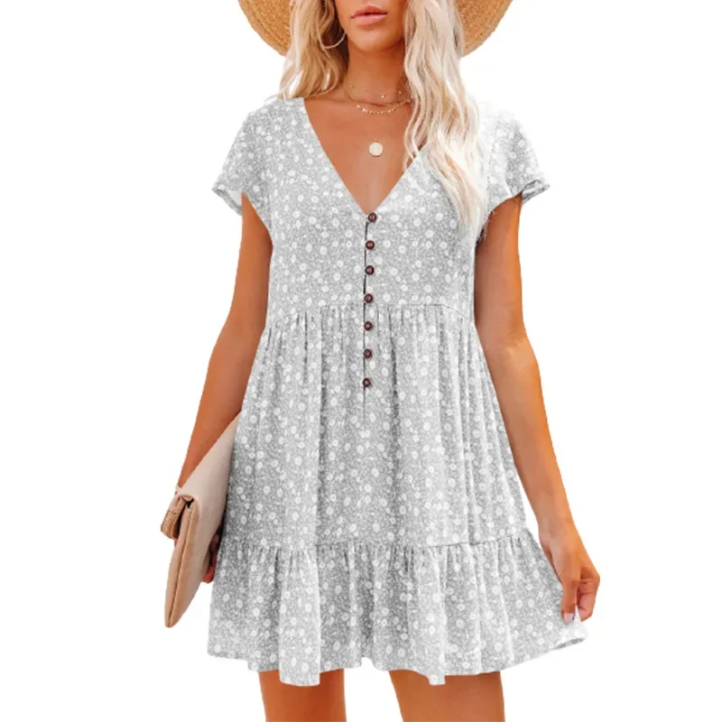 Spring And Summer Women's Europe United States V-neck Buttons Small Broken Flowers Short-sleeved Loose Casual Dresses For Women