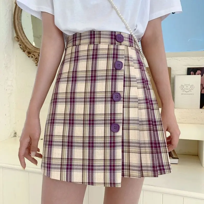 High Waist Pleated Skirt Korean Style Harajuku Trimmed Irregular Pleated Plaid New A Skirt  Women Clothing