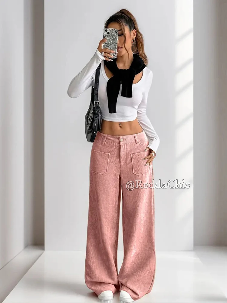 REDDACHiC Winter Corduroy Pink Pants for Women Minimalist Plain High Waist Straight Wide Leg Long Trousers Leisure Daily Wear