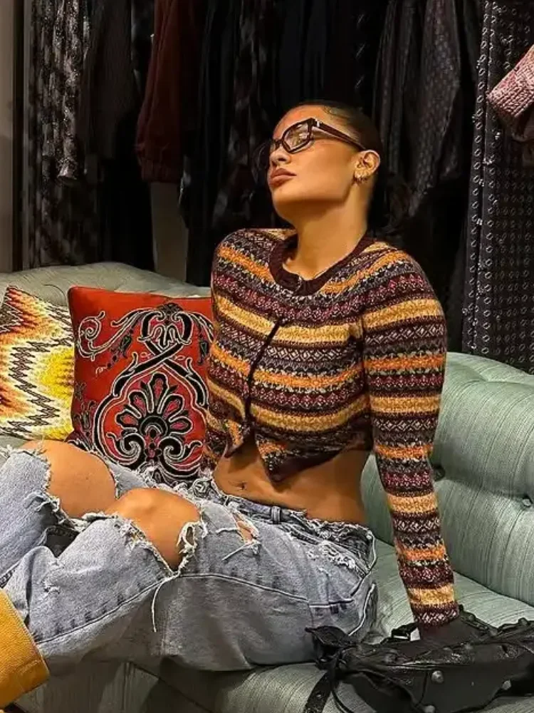 เสื้อคาร์ดิแกนถักลายทาง คอกลม แขนยาว ทรงหลวม ติดกระดุมแถวเดียว สไตล์ลำลอง สำหรับผู้หญิง ใส่ได้ทุกวัน