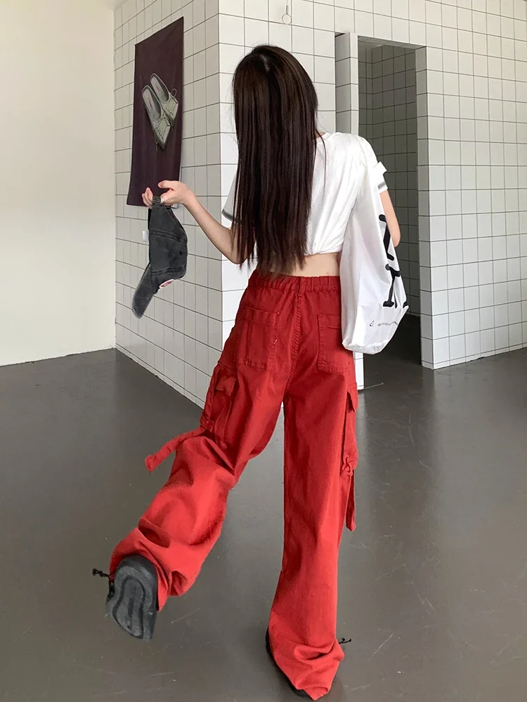 Fashion Street Casual Loose Woman Jeans Simple Basic High Waist Cargo Pants Female American Hiphop High Street Red Women Jeans