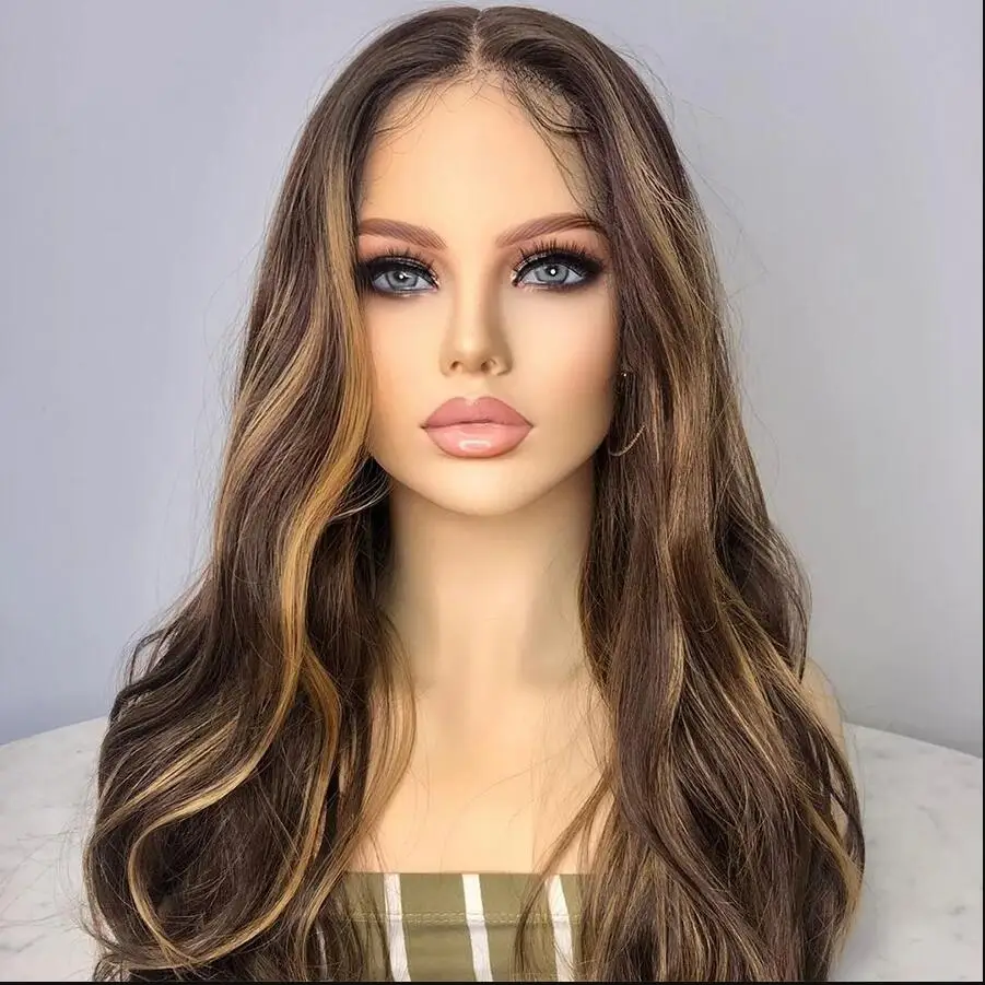 

Highlight Blonde Brown Soft Long 28" Wave 5x5 Silk Base Natural Jewish Human Hair Wig With Baby Hair HD Lace European Preplucked