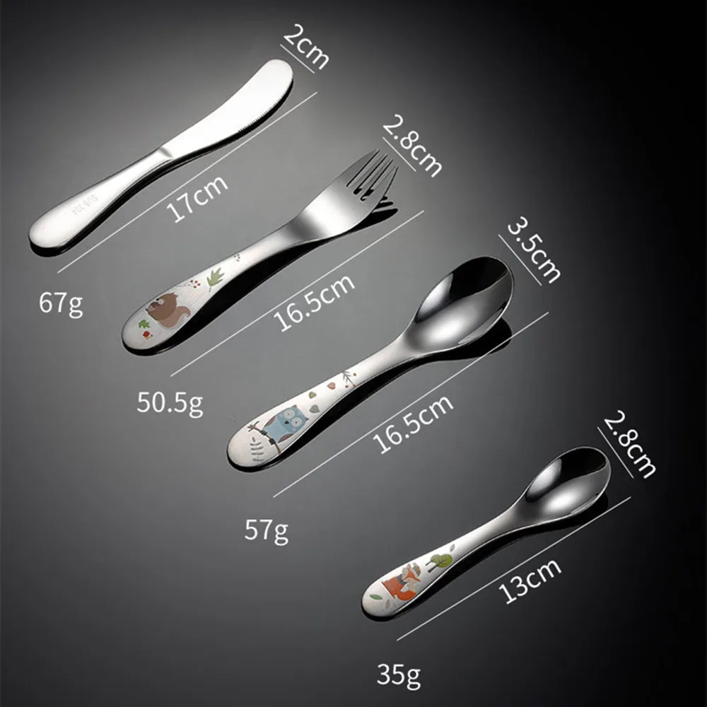 Kids Cutlery Cartoon Pattern Carving 304 Stainless Steel Tableware Spoon Fork Knife Set Baby Flatware Feeding Kitchen Supplies