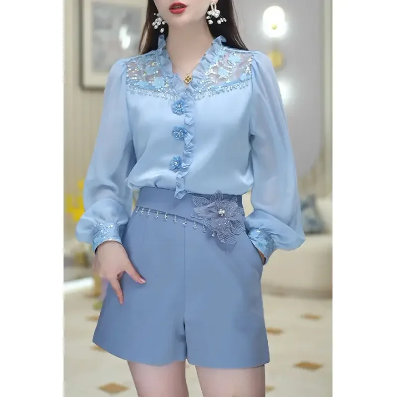 

Spring Fashionable Blue White High-end Long-sleeved Shirt Women's Loose Versatile Top JJ42