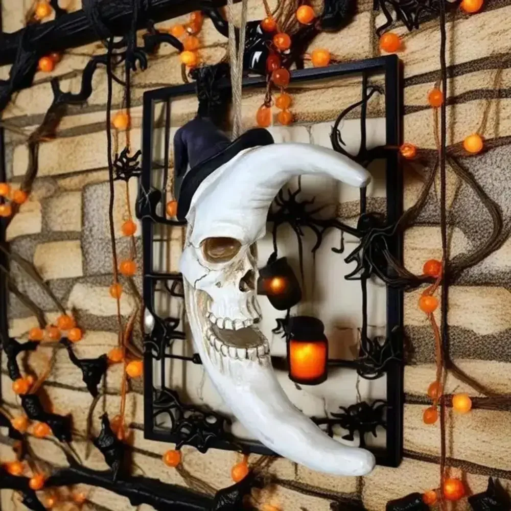2 pcs Halloween Skull Witch Hat Moon Pendant Resin Hanging Ornament Spooky Wall Art Haunted House Party Decor Gift