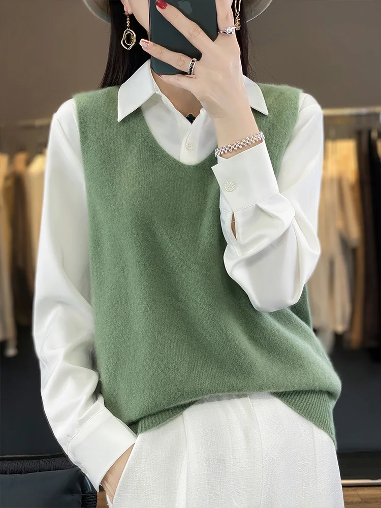 2024 Spring New Women V-neck Sleeveless Pullover Waistcoat 100% Merino Wool Sweater Soft Casual Cashmere Knitwear Korean Fashion