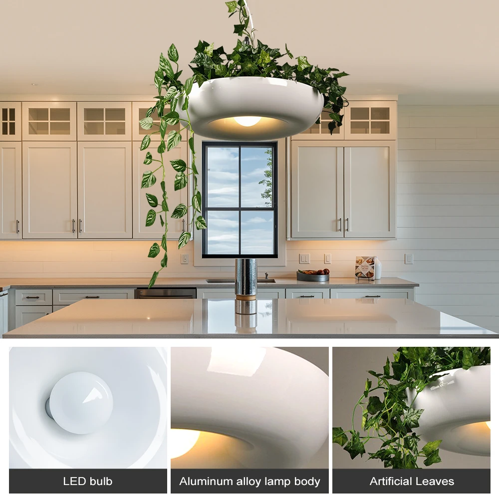 

Modern Round Pendant Light With Artificial Leaves For Living Dining Room Kitchen Island White Aluminum Alloy Led Hanging Lamp