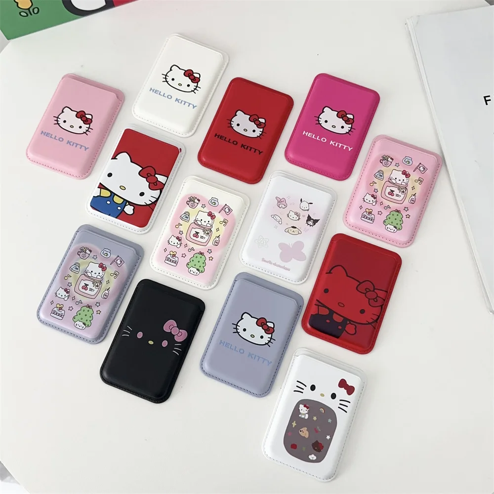 Capa de celular com suporte magnético para cartões, compatível com carregamento sem fio Magsafe, com estampa fofa da Hello Kitty da Sanrio, para iPhone 16, 15, 14, 13, 12 Pro Max.