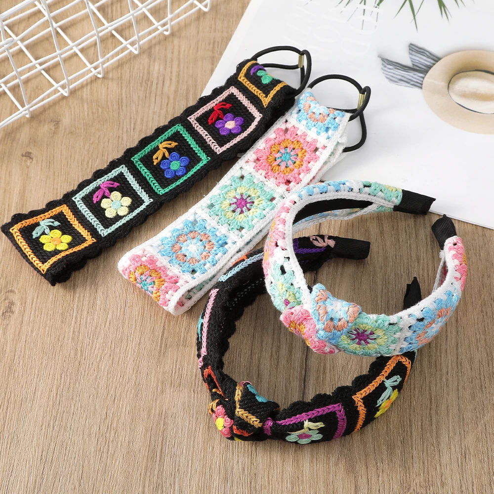 AWAYTR Ethnic Crochet Flower Headband Knitting Cross Hairband Hair Hoop Colorful Elastic Hair Bands for Women Hair Accessories