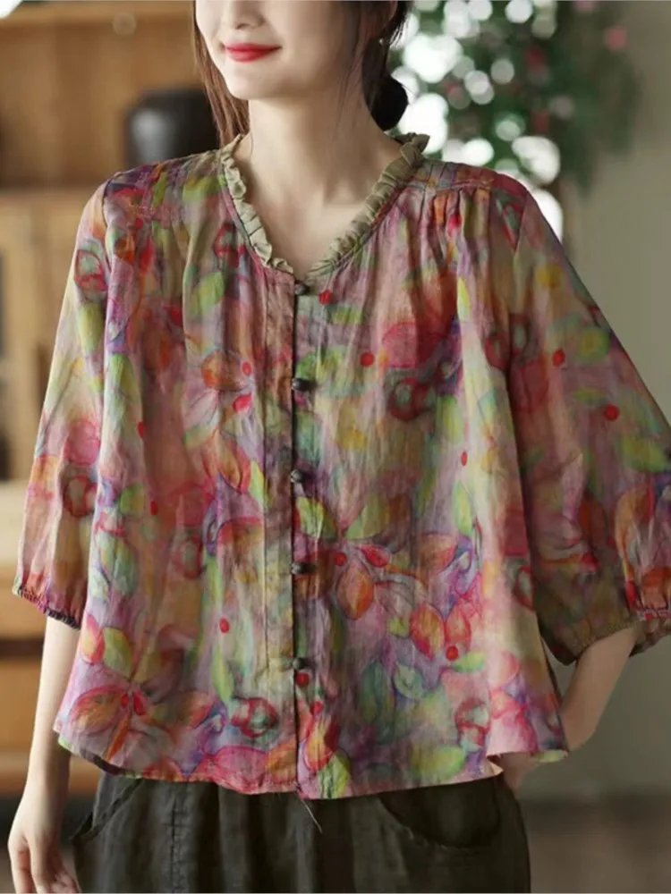 Oversized Zomer Bloementops Vrouwen Bloemenprint Katoenen Linnen Losse Damesblouses Mode Casual Vrouw Tops 2023