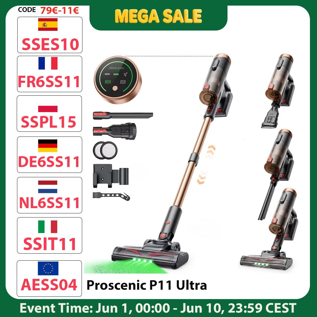Aspirateur balai sans fil Proscenic P11 Ultra, aspiration 40KPa, brosse anti-emm�lement, aspirateur balai t�lescopique l�ger