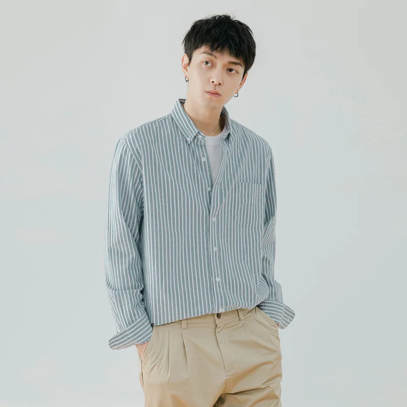 قميص رجالي مكون من 5 نجوم! كم طويل مخطط على الطراز الكوري، 100% قطن للجنسين