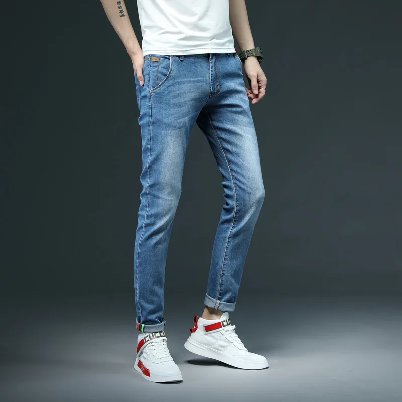 

Four season fashionable small leg jeans men, classic and simple street style trend small leg elastic pants