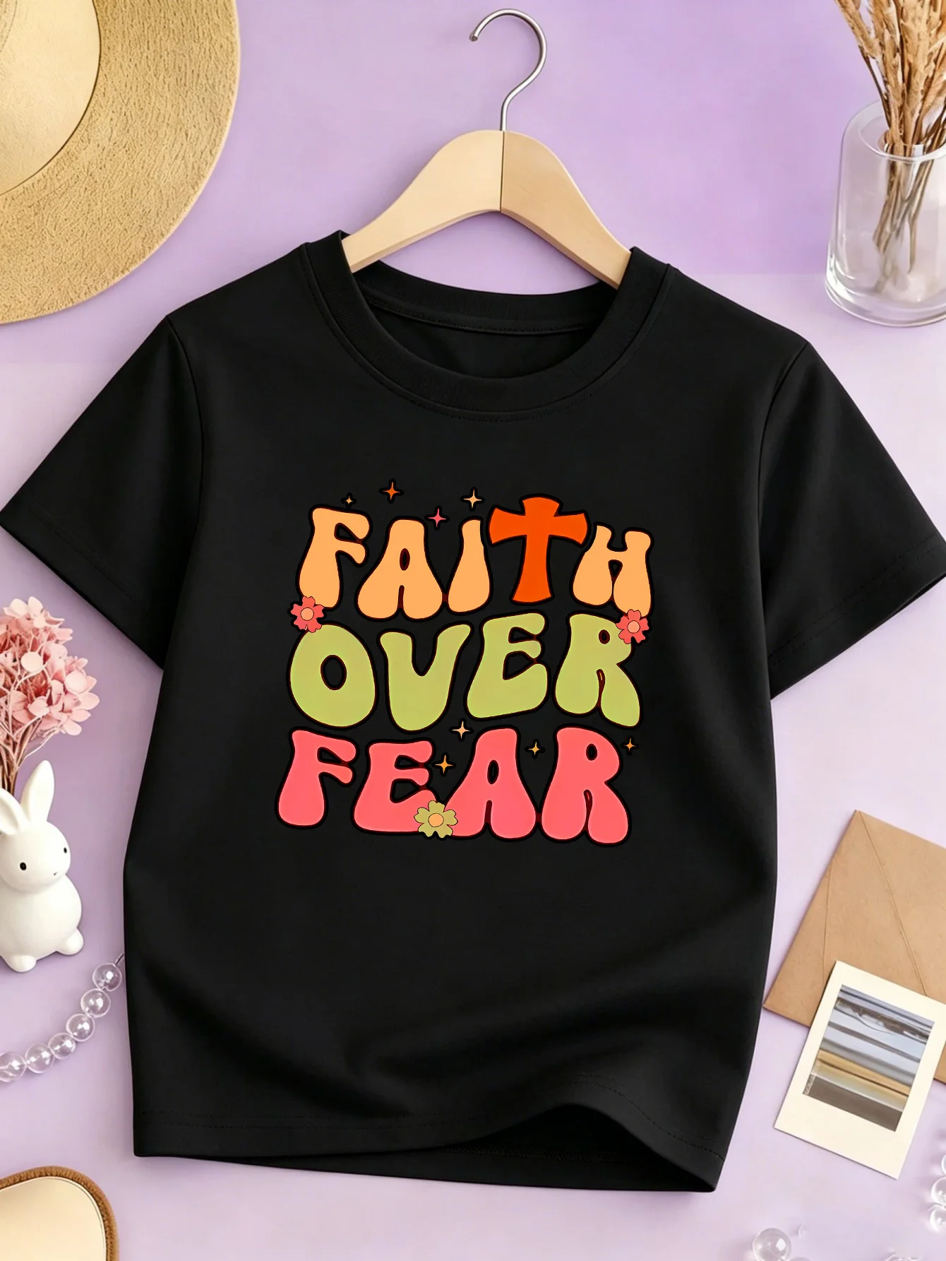 Faith Over Fear Retro Letter Print Kids T Shirt Boys Girls Cotton Short Sleeve Parent Child Inspirational Casual Basic Tee