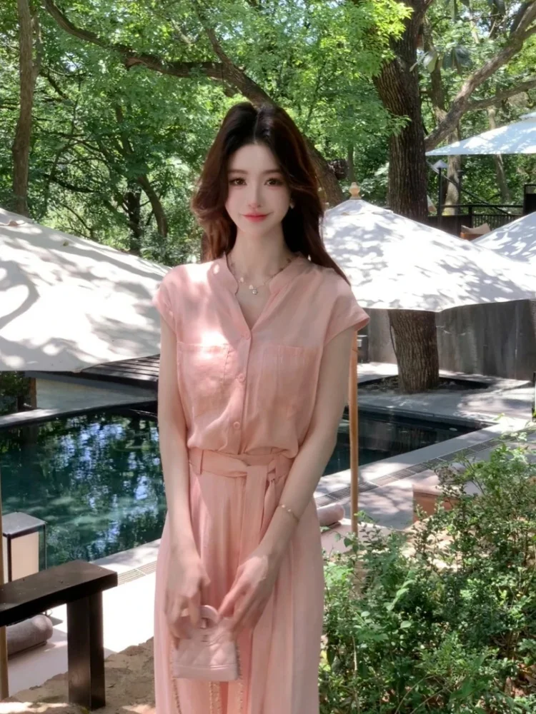 

Slimming Chic Summer Women's Set Loose Fit V-Neck Button up Two-Piece Fashionable Casual Pants Simple Elegant Style