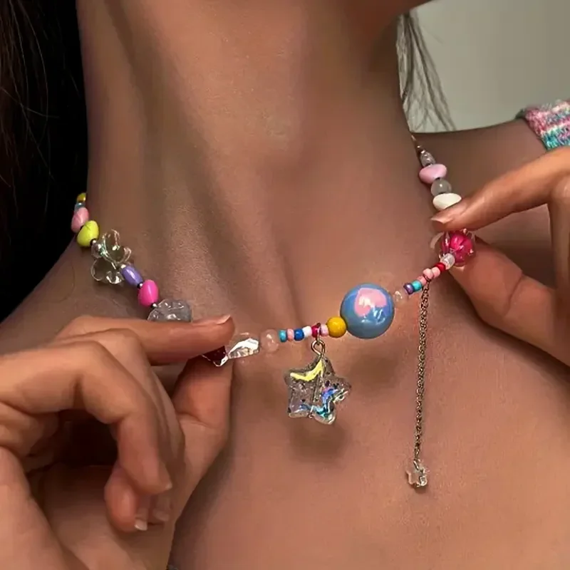 Bohemia Style Candy Color Cute Necklace for Women Star Pendant Beaded Clavicle Chain Necklaces Vacation Jewerly Y2K Accessories