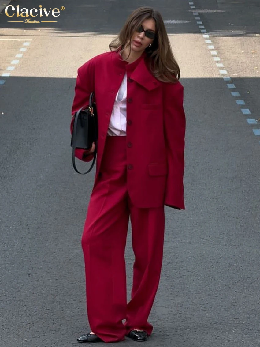 Clacive Fashion Loose Red Office 2-częściowe zestawy damskie Outfit 2025 Elegancka marynarka z długim rękawem i szerokimi spodniami z wysokim stanem